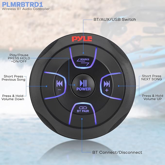 Pyle Car Wireless Bluetooth Audio Controller - Bluetooth Media Button Rated Marine Receiver Remote Control w/ USB, AUX, Mount for Car Truck Boat Marine PowerSport Vehicles - Pyle PLMRBTRD1