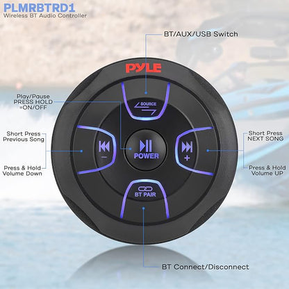 Pyle Car Wireless Bluetooth Audio Controller - Bluetooth Media Button Rated Marine Receiver Remote Control w/ USB, AUX, Mount for Car Truck Boat Marine PowerSport Vehicles - Pyle PLMRBTRD1