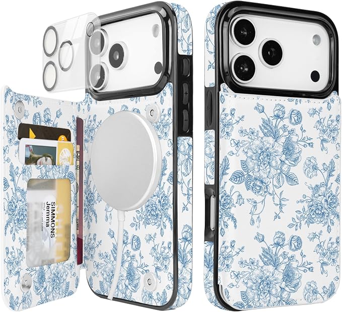 uCOLOR for iPhone 17 Pro Max 6.9" Wallet Case Magsafe with Card Holder Slot【Compatible with MagSafe】 Double Magnetic RFID Design with Camera Lens Protector (Blue Floral, iPhone 17 Pro Max)
