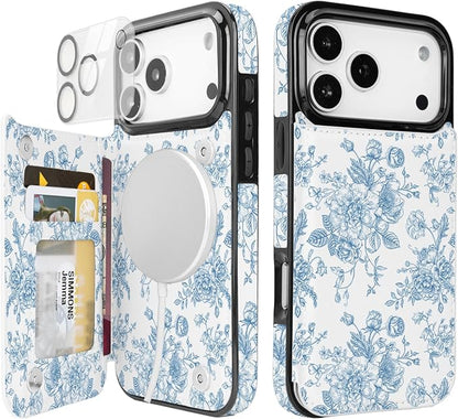 uCOLOR for iPhone 17 Pro Max 6.9" Wallet Case Magsafe with Card Holder Slot【Compatible with MagSafe】 Double Magnetic RFID Design with Camera Lens Protector (Blue Floral, iPhone 17 Pro Max)