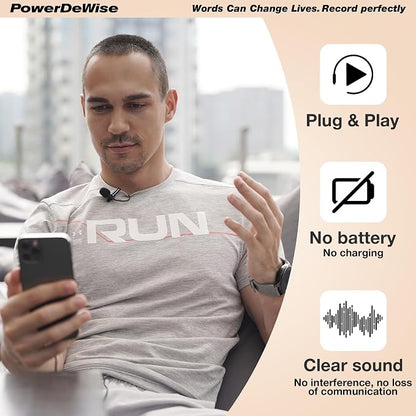 PowerDeWise Professional Grade Lavalier Clip On Microphone - Lav Mic for Camera Phone iPhone GoPro Video Recording ASMR - Small Noise Cancelling 3.5mm Tiny Shirt Microphone with Easy Clip On System