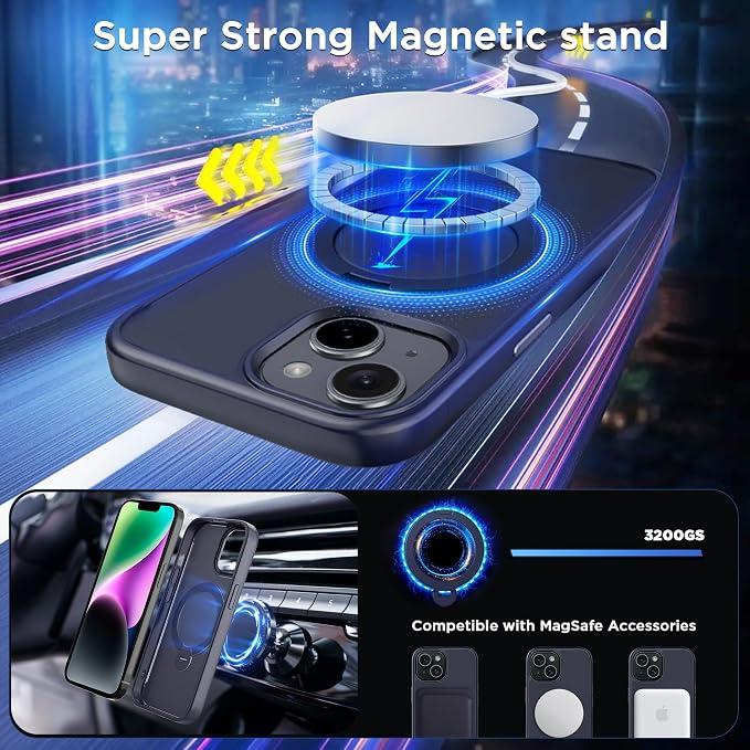 CACOE Magnetic Case for iPhone 13/14 6.1 inch with 360 Rotatable Ring Stand, Compatible with MagSafe Car Phone Mount, Cases Cover Phone Holder for Desk Meeting/Videos Dark Blue