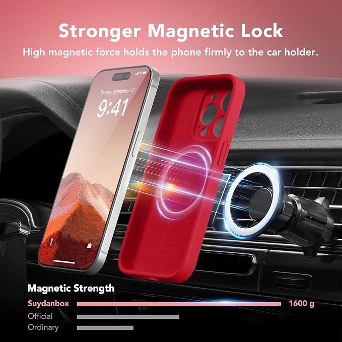 Magnetic for iPhone 14 Pro Case, Compatible with MagSafe, [Full Camera Protection][Screen Protector] Silicone Shockproof Protective Phone Case for iPhone 14 Pro 6.1", Deep Red