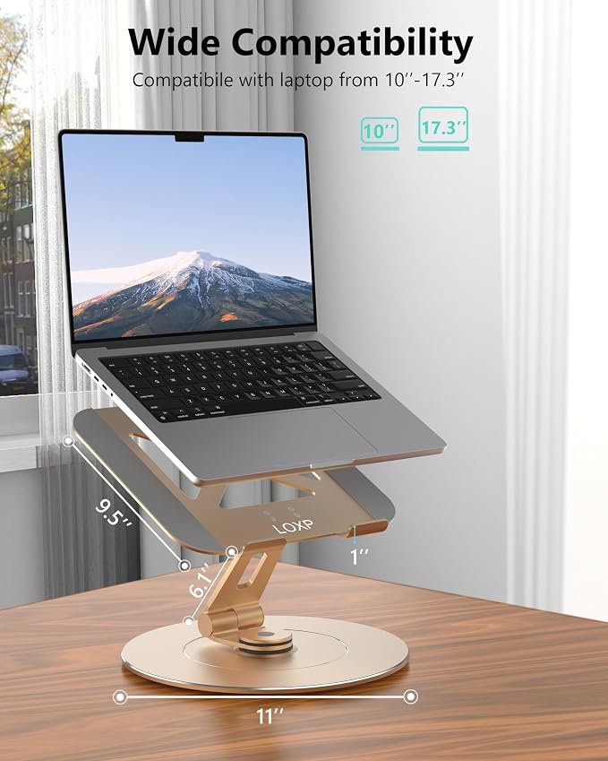 Ultra-Stable Aluminumy Laptop Stand for Desk with Foldable Phone Holder, 300% Large Base Stability, Anti-Loosening, Lectern Stand Suitable for 10"-17.3" Laptops, Champagne Golden