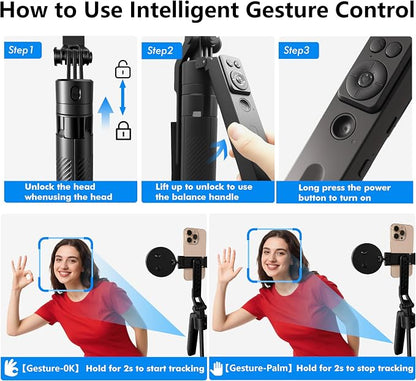 Auto Face Tracking Selfie Stick Tripod with Fill Light, 360 Rotation & Gesture Control, 70.9" Selfie Stick Tripod for iPhone with Remote for for TikTok/Vlog/Live Stream/Video Recording