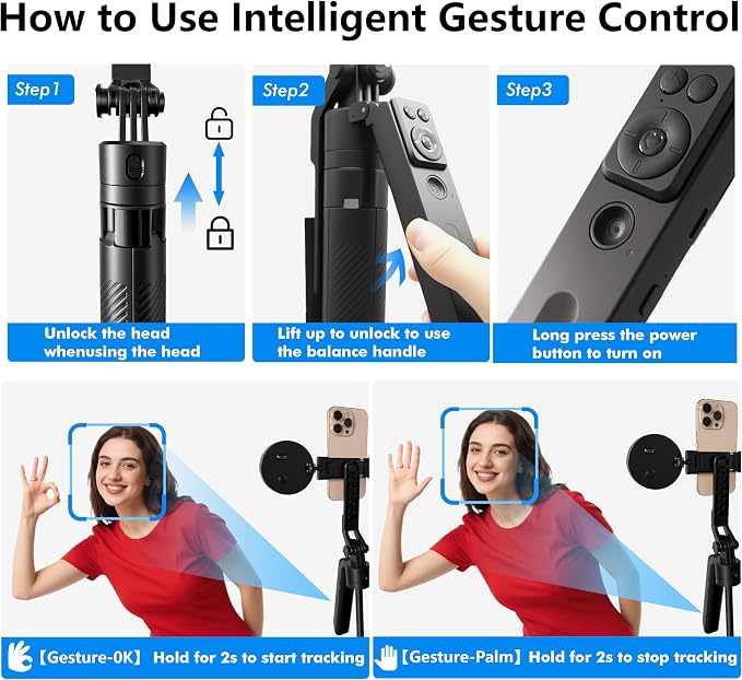 Auto Face Tracking Selfie Stick Tripod with Fill Light, 360 Rotation & Gesture Control, 70.9" Selfie Stick Tripod for iPhone with Remote for for TikTok/Vlog/Live Stream/Video Recording