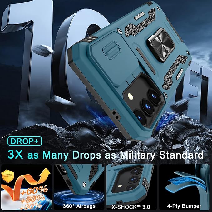DEERLAMN Case for Samsung Galaxy S24 FE 6.7-Inch with Slide Camera Cover+Screen Protector(1 Pack), Rotated Ring Kickstand Military Grade Shockproof Protective Cover-Light Blue