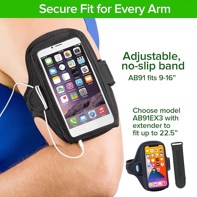 Tune Belt AB91 Running Armband – No-Slip Phone Holder for Runners – Fits iPhone 17 16 15 14 Pro/Plus & Galaxy S24 S23 – Comfortable Sweat-Resistant Neoprene (Black)