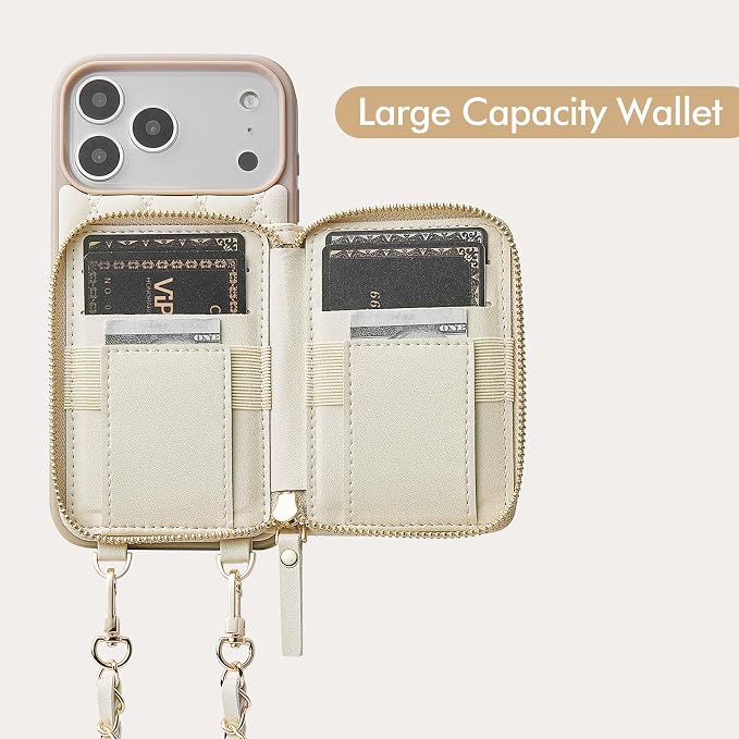 LAMEEKU for iPhone 17 Pro Max Case Wallet with Wrist Strap, RFID Blocking Crossbody Phone Cover for Women 6.9" Beige