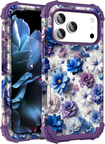 Hocase for iPhone 17 Pro Case 6.3", Heavy Duty Shockproof Protection Soft Silicone Rubber+Hard Plastic Bumpers Hybrid Protective Case for iPhone 17 Pro 2025 - Blue Purple Flowers