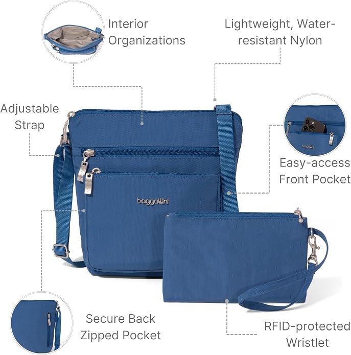 Baggallini Pocket Crossbody Bags for Women 8x8 Small Lightweight Durable Water-resistant Travel Purse W/Rfid