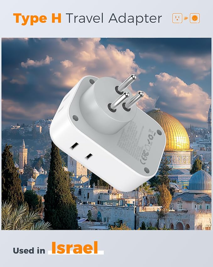 TESSAN Israel Adapter Plug, 2 Pack, Type H Travel Adaptor | US to Israel Power Adapter, 3 USB Ports (1 USB C Port), 4 American Outlets, Type H Travel Adaptor for USA to Jerusalem