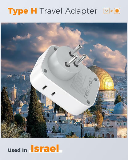 TESSAN Israel Adapter Plug, 2 Pack, Type H Travel Adaptor | US to Israel Power Adapter, 3 USB Ports (1 USB C Port), 4 American Outlets, Type H Travel Adaptor for USA to Jerusalem