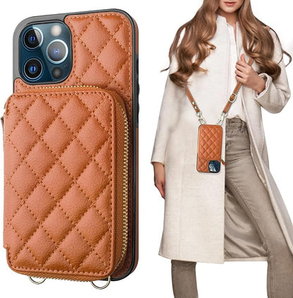 Bocasal Crossbody Wallet Case for iPhone 12 Pro Max, RFID Blocking PU Leather Zipper Handbag Purse Flip Cover, Kickstand Folio Case with Card Slots Holder Wrist Strap Lanyard 5G 6.7 Inch (Brown)