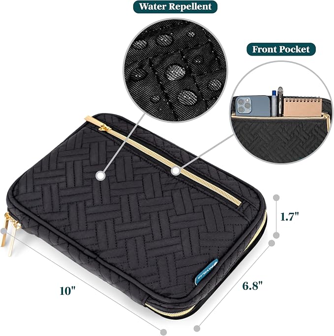 PAVILIA Travel Cord Organizer Case for Cables & Chargers, Black Quilt | 10 x 6.8 x 1.7 in 600D water-repellent electronics bag pouch with 7 loops, 5 mesh pockets, front zip pocket and dual zippers