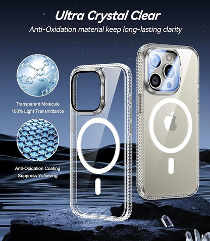 [Upgraded] for iPhone 15 Pro Case with Camera Cover Stand [Fit for MagSafe][9H Camera Lens Protector] Mil-Grade Protection Transparent Magnetic iPhone 15 Pro Phone Case, Clear