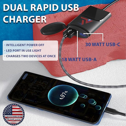 Motorcycle Phone Mount with USB Charger (3.25–7") – Waterproof Cell Phone Holder for Motorcycle, ATV, Snowmobile – 12V Dual USB-C Fast Charging – Includes Mirror Mount & Rain Cover