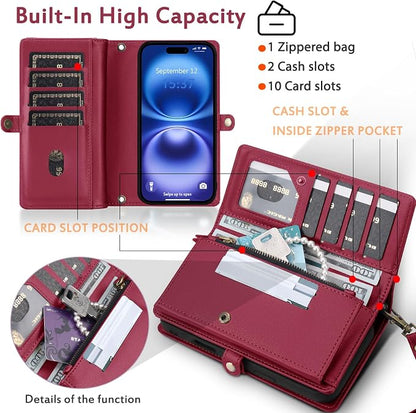 for Wallet Case Compatible with iPhone 16,Multi-Function Detachable 2 in 1 Magnetic iPhone 16 Case Wallet,Flip Strap Zipper Card Holder Phone Case with Shoulder Straps (Red)