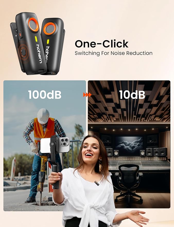 hohem MIC-01 Wireless Lavalier Microphone, Noise Cancellation,48kHz 328ft Range, 20 Hours Battery, Wireless Microphone for Android, PC, Camera, Video Recording (2TX + 1RX + Charging Case)