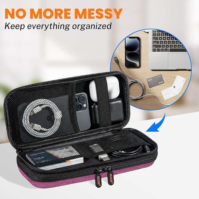 Purple Double-Layer Hard Shell Carrying Case,Travel Cable Pouch | Portable Electronic Organizer Travel Zipper Pouch,Tech Accessories Storage Bag for Charger, Adapter,Power Bank, Phone, Cable
