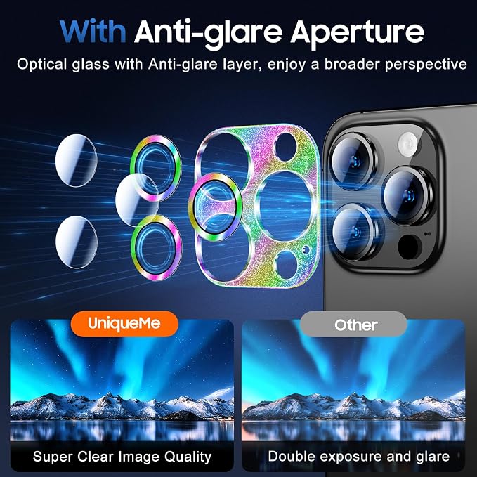 UniqueMe for 3 Pack iPhone 15 Pro/iPhone 15 Pro Max Camera Lens Protector, [Drop Protection] [Case Friendly] Camera Cover Screen [Update New Version] - Intergrated Glitter Colorful