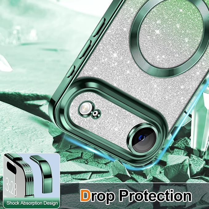 Hython for iPhone Air Case Glitter Clear Magnetic Phone Cases [Compatible with MagSafe] Full Camera Lens Protector Sparkle Luxury Plating Slim Shockproof Protective Cover Women, Gradient Green