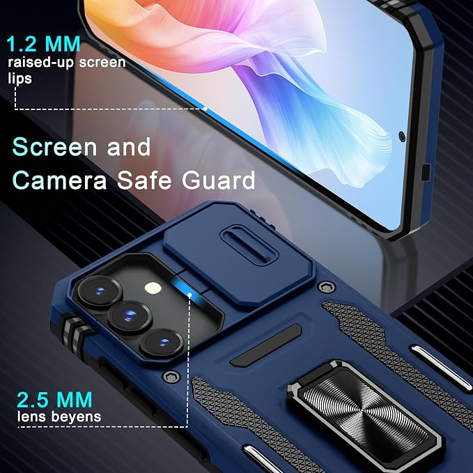 DEERLAMN Case for Samsung Galaxy S25 FE 6.7-Inch with Slide Camera Cover+Screen Protector(1 Pack), Rotated Ring Kickstand Military Grade Shockproof Protective Cover-Navy Blue