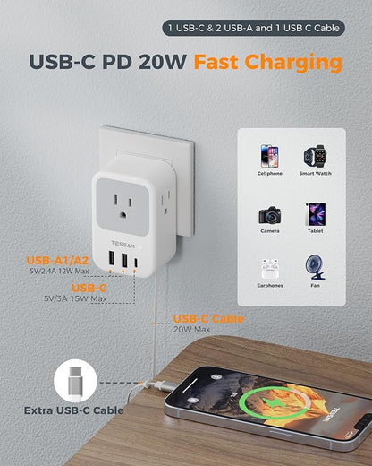 TESSAN European Travel Plug Adapter, 2 Pack | Built-in 20W Retractable USB-C Cable, Type C Power Adapter, 3 AC Outlets 4 USB Ports
