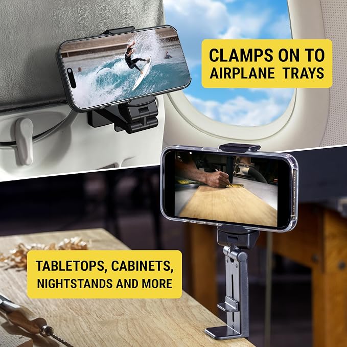 Scosche SUHTRVL-1 Airplane Travel Essentials Plane Phone Holder Mount for Long Flight, Foldable Cell Phone Stand for Desk, Seat Back, Tray Table or Tripod Compatible with Apple iPhone, Samsung Galaxy