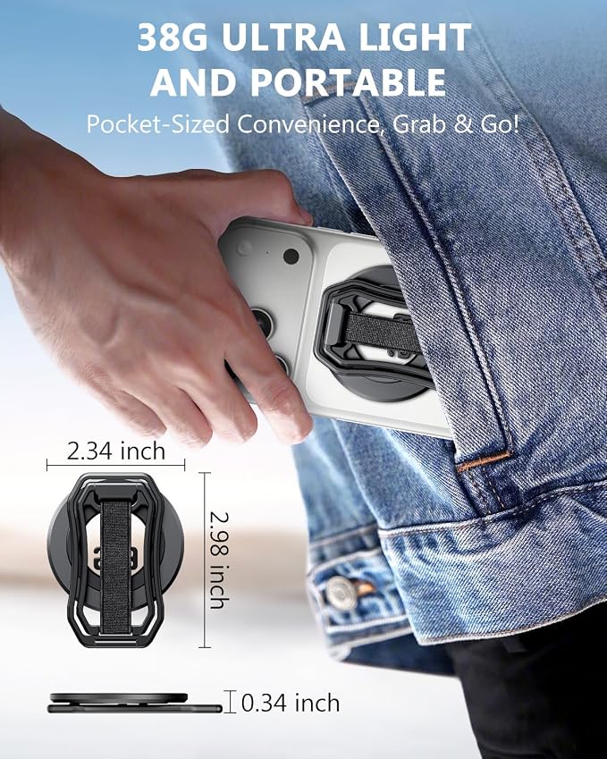 Oerwin for Magsafe Phone Grip Stand, 6-in-1 Magnetic Phone Holder for Magsafe Kickstand, 360° Rotation Phone Ring Holder with Elastic Strap, Compatible with iPhone 17/16/15/14/13/12 Series & Android