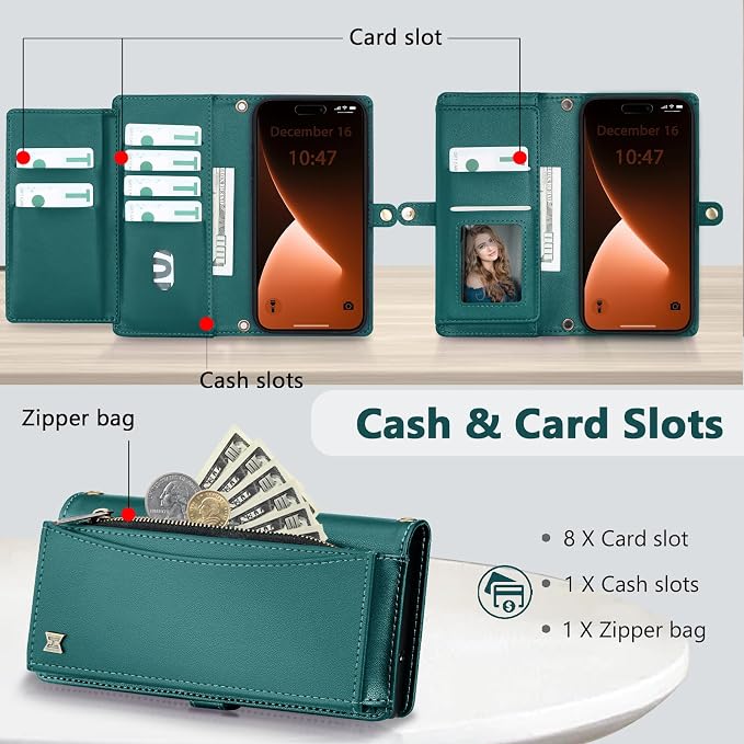 Wallet Case for iPhone 15 Pro with Card Holder/Crossbody Wallet/Strap| RFID Blocking | Magnetic | Kickstand | Detachable | PU Leather Phone Case for iPhone 15 Pro,6.1 in,Green