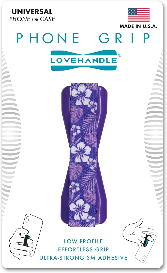 LOVEHANDLE Universal Phone Grip for Smartphones & Mini Tablets - Phone Holder for Hand - Wireless Charging Compatible - Made in The USA - Hibiscus Purple