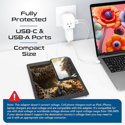 Ceptics World Power Plug Adapter Set, Dual USB & USB-C 3.1A, 20W with QC-PD, 2 USA Outlet Compact & Powerful, Use In Europe, Asia, Australia, Japan, Includes Type A, B, C, E/F, G, I SWadAPt Attachment