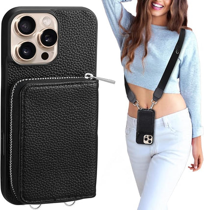 XANGNIER Wallet Case for iPhone 16 Pro, RFID Blocking PU Leather Crossbody Phone Purse with Card Holder, Zipper Pocket, Wrist Strap & Adjustable Lanyard for Women 6.3" 5G, Black