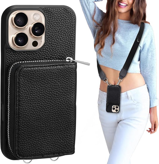 XANGNIER Wallet Case for iPhone 16 Pro Max, RFID Blocking PU Leather Crossbody Phone Purse with Card Holder, Zipper Pocket, Wrist Strap & Adjustable Lanyard for Women 6.9" 5G,Black