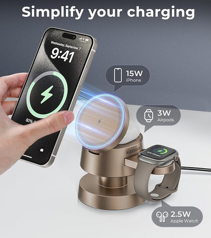 4-in-1 Magnetic Wireless Charging Station for iPhone 17/16/15/14 Pro Max, with Night Light Wireless Charging Station Fast Charging for Apple Watch, Earphones & Multiple Devices