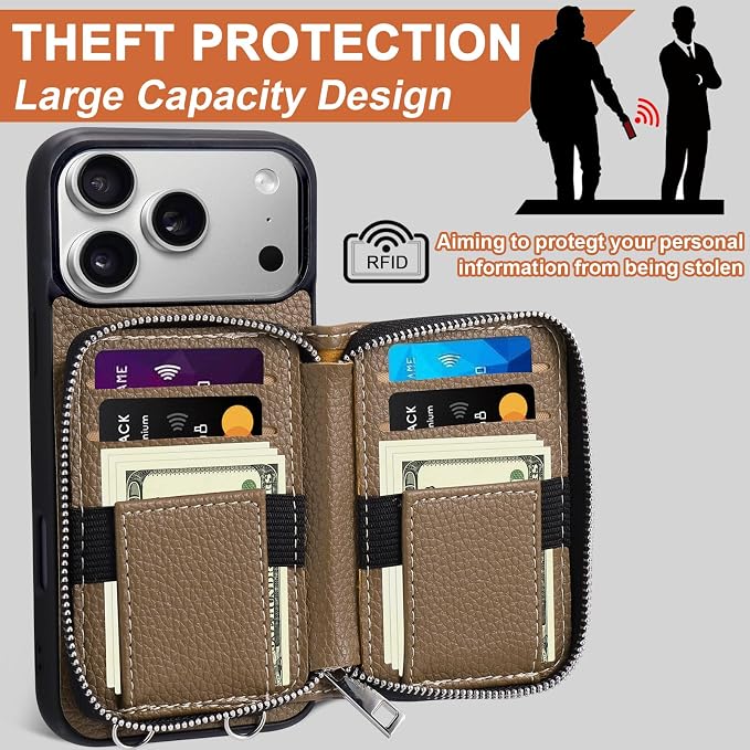 XANGNIER Wallet Case for iPhone 17 Pro with Strap, RFID Blocking PU Leather Crossbody Phone Purse with Card Holder, Zipper Pocket, Wrist Strap & Adjustable Lanyard for Women 6.3" 5G,Brown