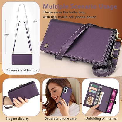 for Wallet Case Compatible with iPhone 16 Plus,Multi-Function Detachable 2 in 1 Magnetic iPhone 16 Plus Case Wallet,Flip Strap Zipper Card Holder Phone Case with Shoulder Straps (Pruple)
