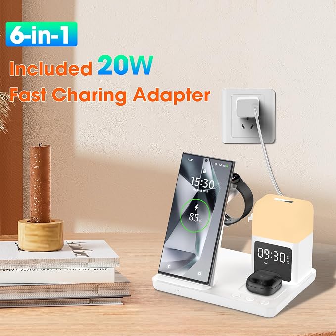 Wireless Charger for Samsung/Android Charging Station, 6 in 1 Fast Watch Charger with Alarm Clock-Night Light, Compatible for Galaxy S25 Ultra/S24, Only for Samsung Watch8/7, Galaxy Buds3 Pro(White)