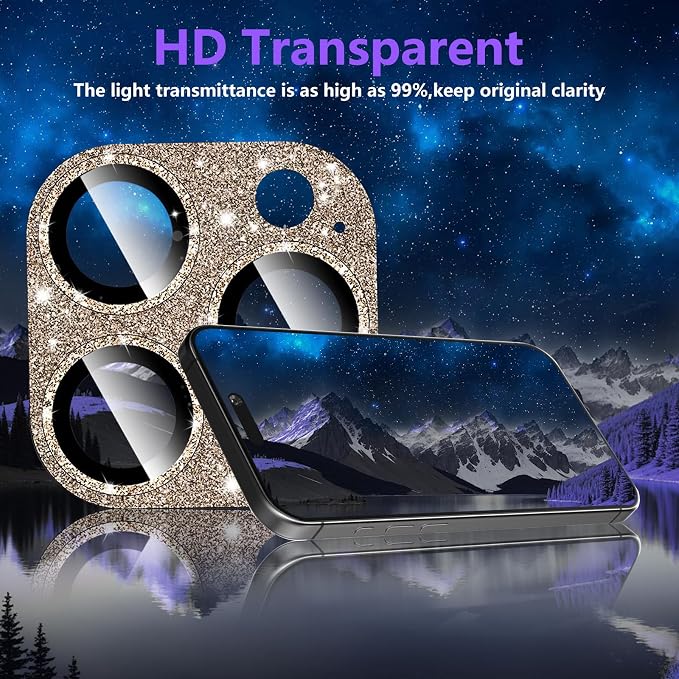 Camera Lens Protector for iPhone 16 Pro/iPhone 16 Pro Max, Glitter Camera Cover with 9H Tempered Glass Metal Ring, Lens Protector for iPhone 16 Pro/16 Pro Max (Glitter-Titanium Gold)