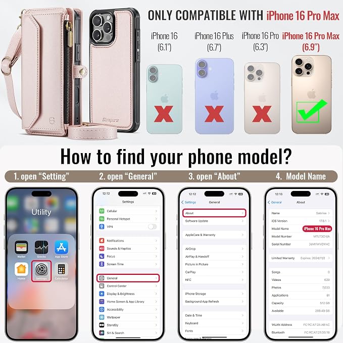 Strapurs for iPhone 16 Pro Max Detachable Wallet Case Compatible with Magsafe, RFID Blocking 9-Card Holder Zipper Strap Lanyard PU Leather Magnetic Phone Case for iPhone 16 Pro Max 6.9", Rose Gold