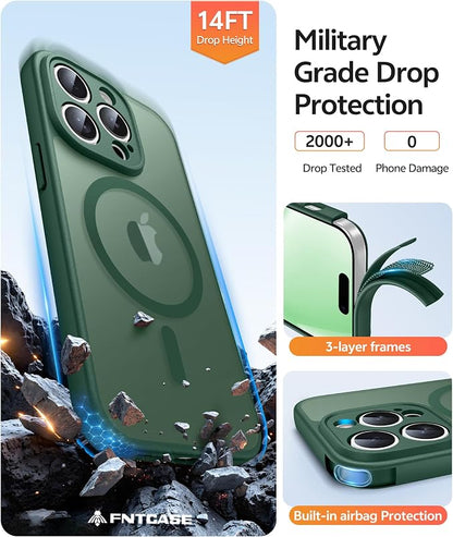 FNTCASE for iPhone 14 Pro Case: [Compatible with Magsafe] Translucent Matte Cases with [Full Camera Protection] [Screen Protector] Military Grade Shockproof Protective Phone Cover - Green