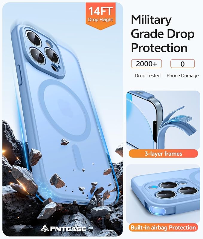 FNTCASE for iPhone 13 Pro Max Case: [Compatible with Magsafe] Translucent Matte Magnetic Phone Cover - Military Grade Drop Protection Shockproof Protective Cases - Light Blue