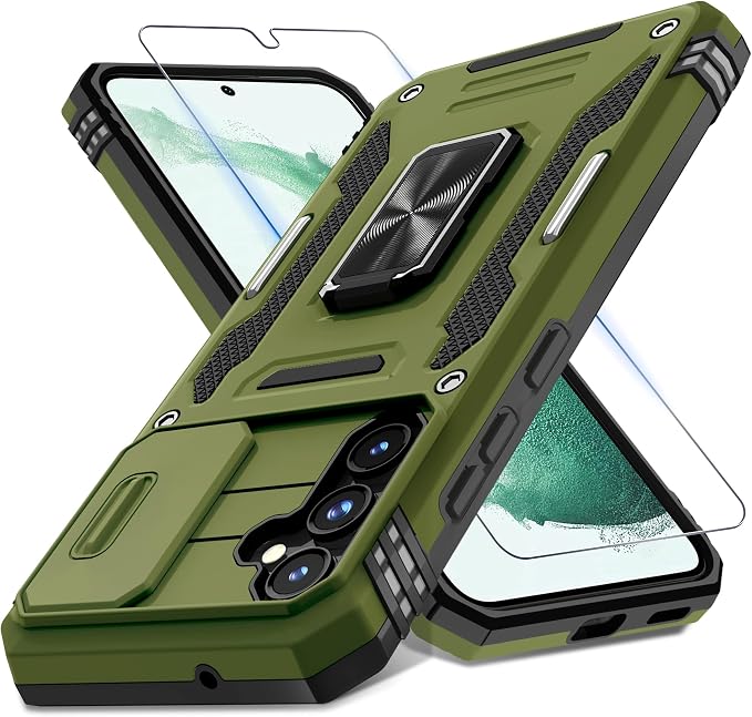 DEERLAMN Case for Samsung Galaxy S23 FE 6.4-Inch with Slide Camera Cover+Screen Protector(1 Pack),Rotated Ring Kickstand Military Grade Shockproof Protective Cover-Olive Green
