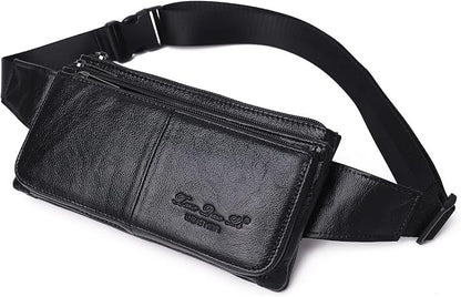 KPYWZER Vintage Leather Fanny Pack Waist Bag for Men Women Outdoor Travel Hunting Hiking Camping Hip Bum Belt Cell Phone Purse Wallet Pouch Retro Crossbody Sling Pouch Black