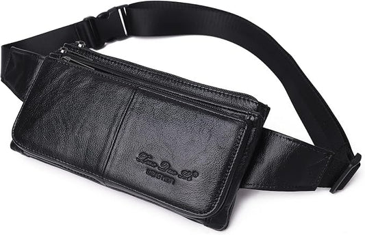 KPYWZER Vintage Leather Fanny Pack Waist Bag for Men Women Outdoor Travel Hunting Hiking Camping Hip Bum Belt Cell Phone Purse Wallet Pouch Retro Crossbody Sling Pouch Black