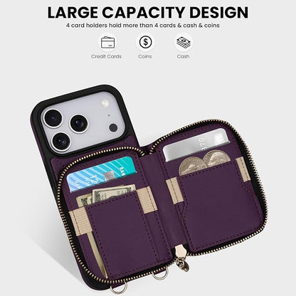 Keallce Case for iPhone 17 Pro 6.3'' Wallet Case, Crossbody Zipper Purse with Wrist Strap Lanyard Handbag, RFID Blocking Card Holders, Kickstand Flip Leather Cover for iPhone 17 Pro, Darkpurple