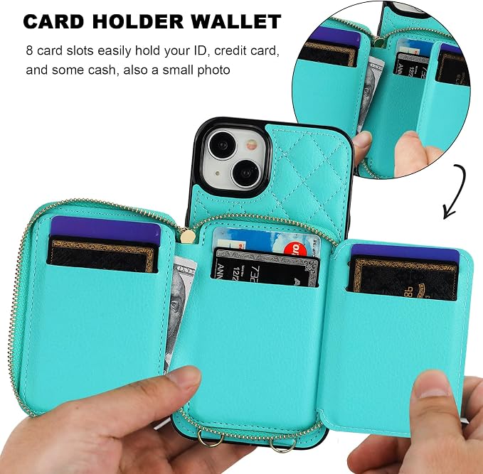 Bocasal Crossbody Wallet Case for iPhone 15 Plus, RFID Blocking PU Leather Zipper Handbag Purse Flip Cover, Kickstand Folio Case with Card Slots Holder Wrist Strap Lanyard 5G 6.7 Inch (Mint Green)