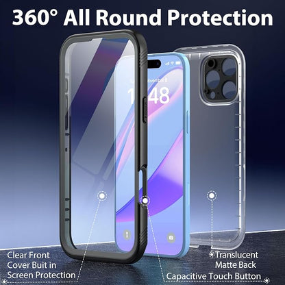 SPORTLINK for iPhone 16 Pro Max Case with Screen Protector,IP68 Underwater/6.6FT Military Dropproof/Dustproof/Heavy Duty Full Body Phone Case for Apple iPhone 16 Pro Max 6.9 inch Black/Frosted Clear