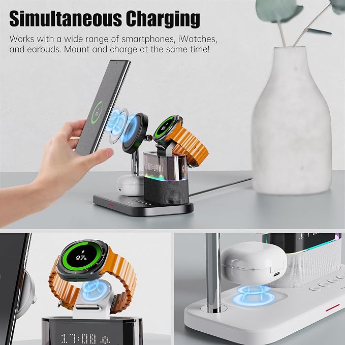 Magnetic Charger for Samsung, 5 in 1 Wireless Charging Station with Alarm Clock for Samsung Galaxy S25 Ultra/S24/S23/S22, Galaxy Watch 8/7/6/4/5, Galaxy Buds/Pro, Black
